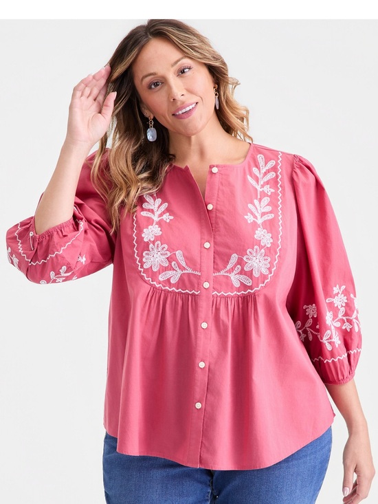 Style & Co. Tops - Embroidered Button-Front Blouse in Rose Pink Boho Festival Cottagecore NWT